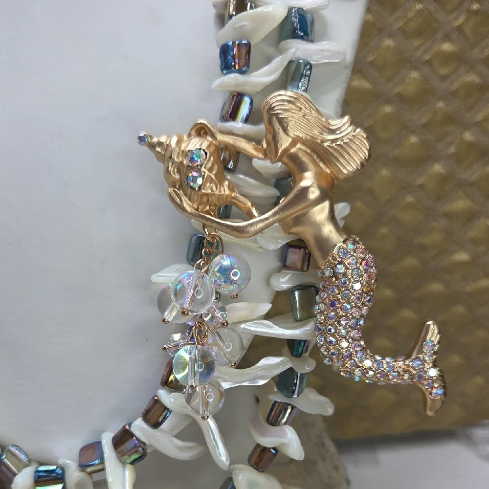 Handcrafted White And Blue Shell & Mermaid Necklace Earrings Bracelet Set - Picture 3 of 6